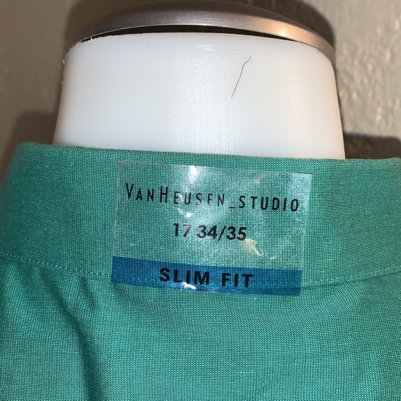 NEW VanHeusen Studio Slim Fit Wrinkle Free Stretch 17 34/35 NWT Pine Green $45 - Picture 6 of 9